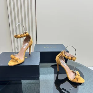 ALAIA HIGH HEEL SANDAL 10 CM IN DIJON YELLOW SUEDE