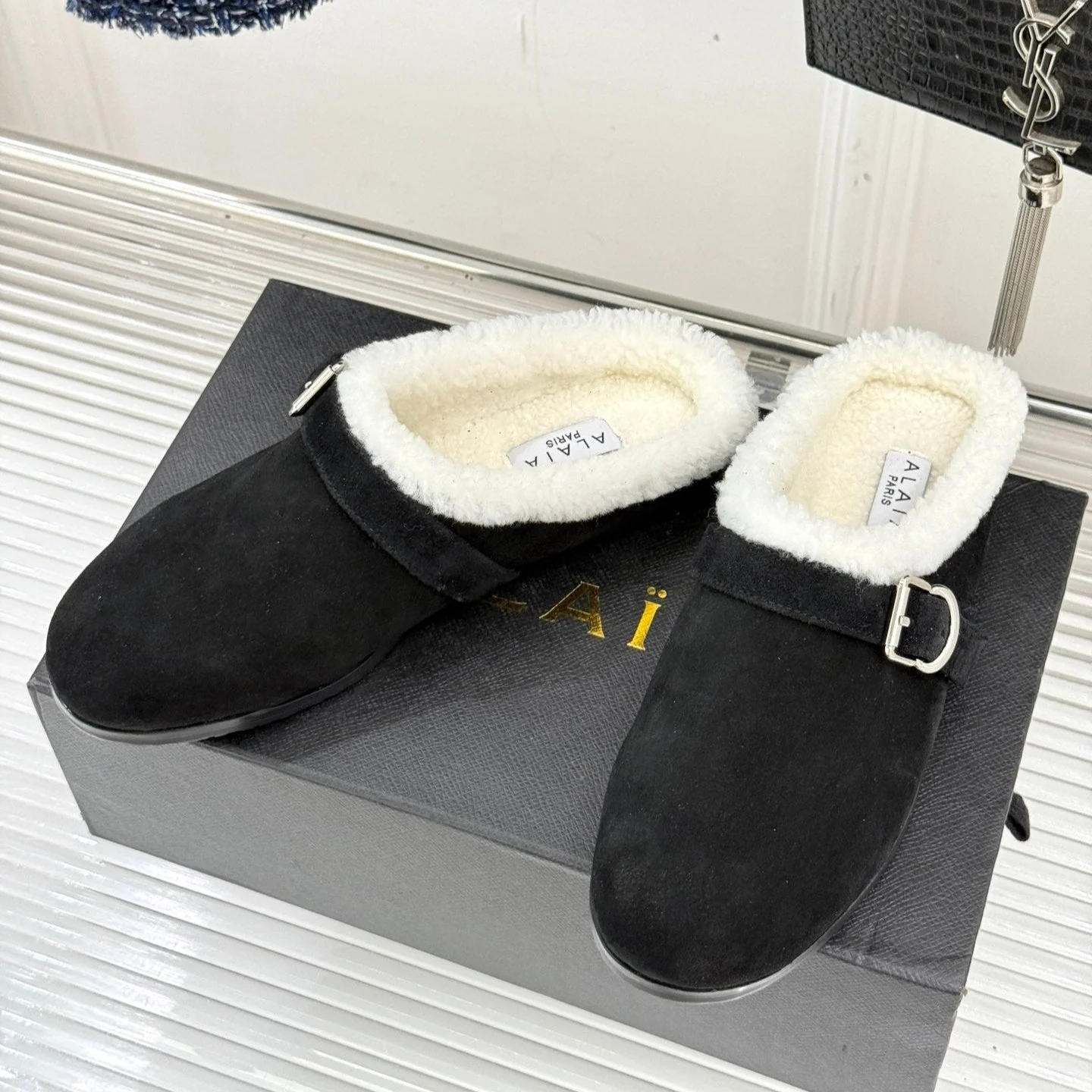 Alaia 25WF slippers belt buckle black suede wool 472226