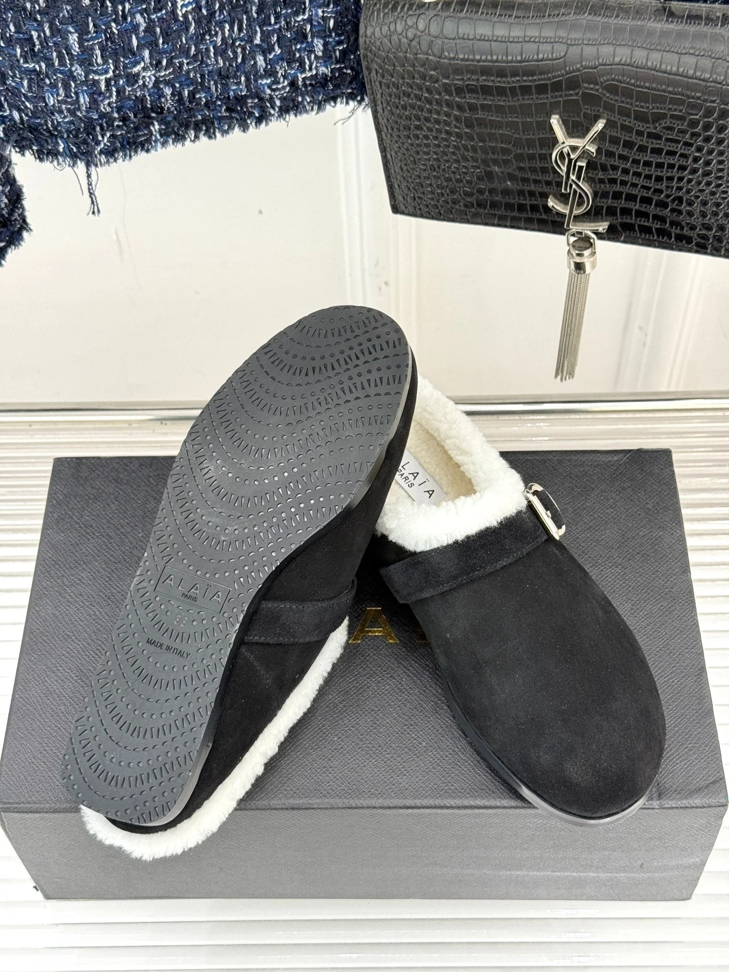 Alaia 25WF slippers belt buckle black suede wool 472226 - Image 2