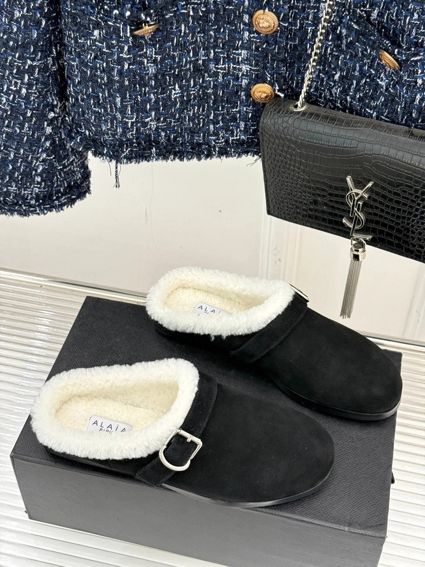 Alaia 25WF slippers belt buckle black suede wool 472226 - Image 3