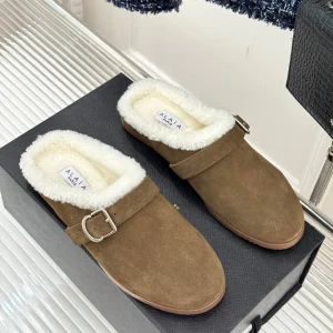 Alaia 25WF slippers belt buckle khaki brown suede wool 472227