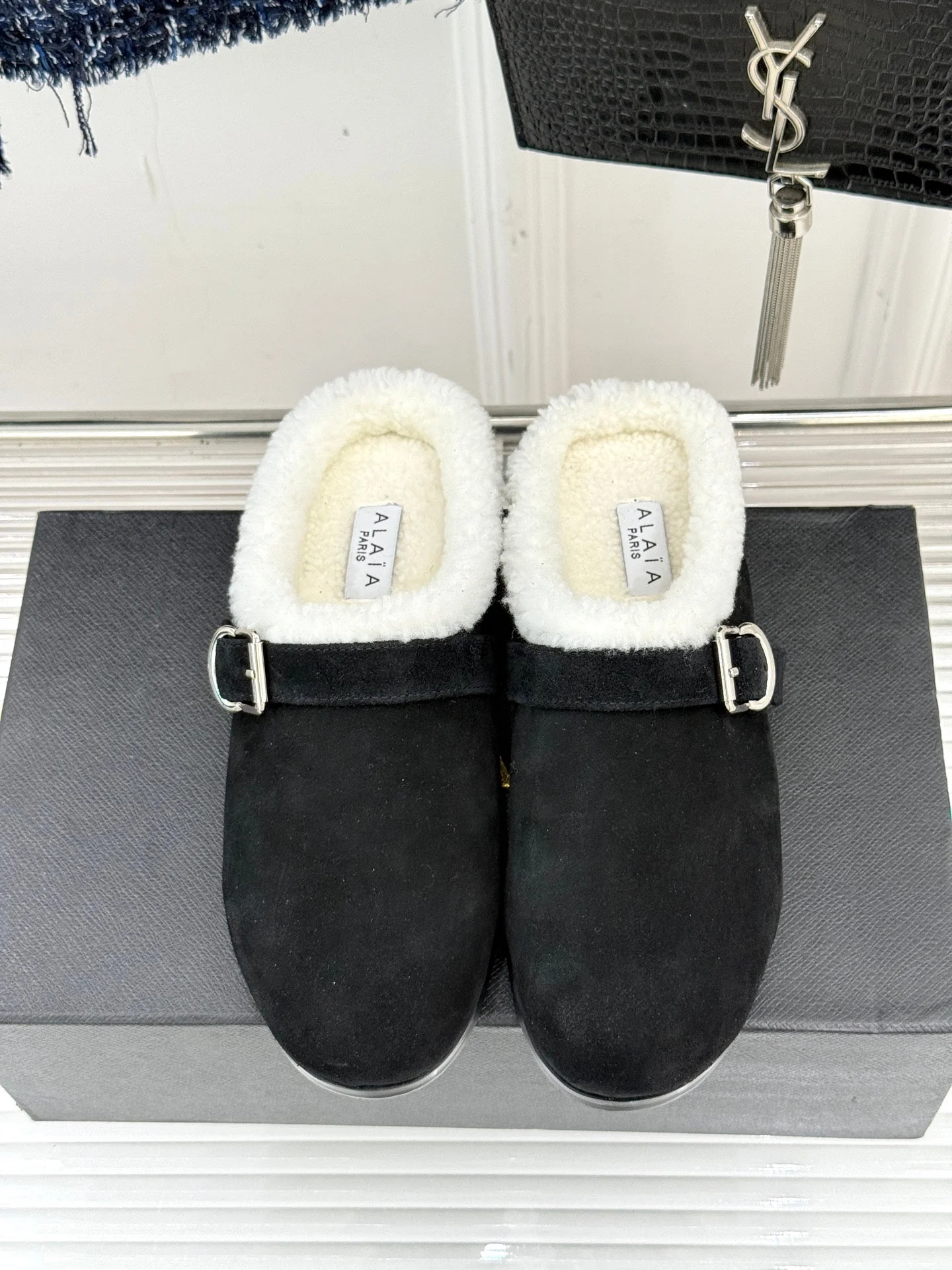 Alaia 25WF slippers belt buckle black suede wool 472226 - Image 6