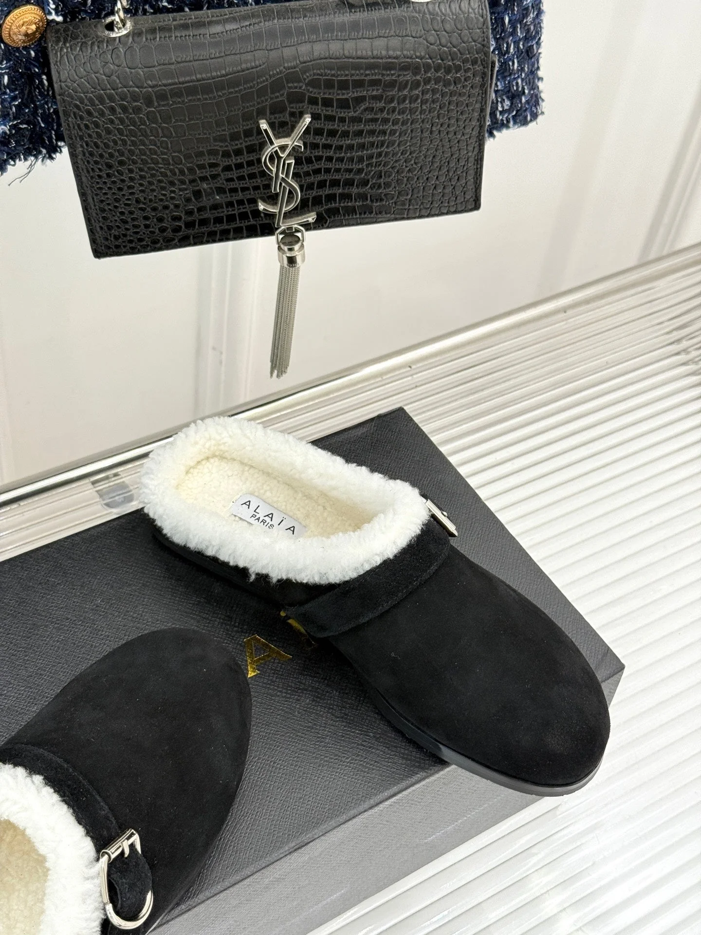 Alaia 25WF slippers belt buckle black suede wool 472226 - Image 4