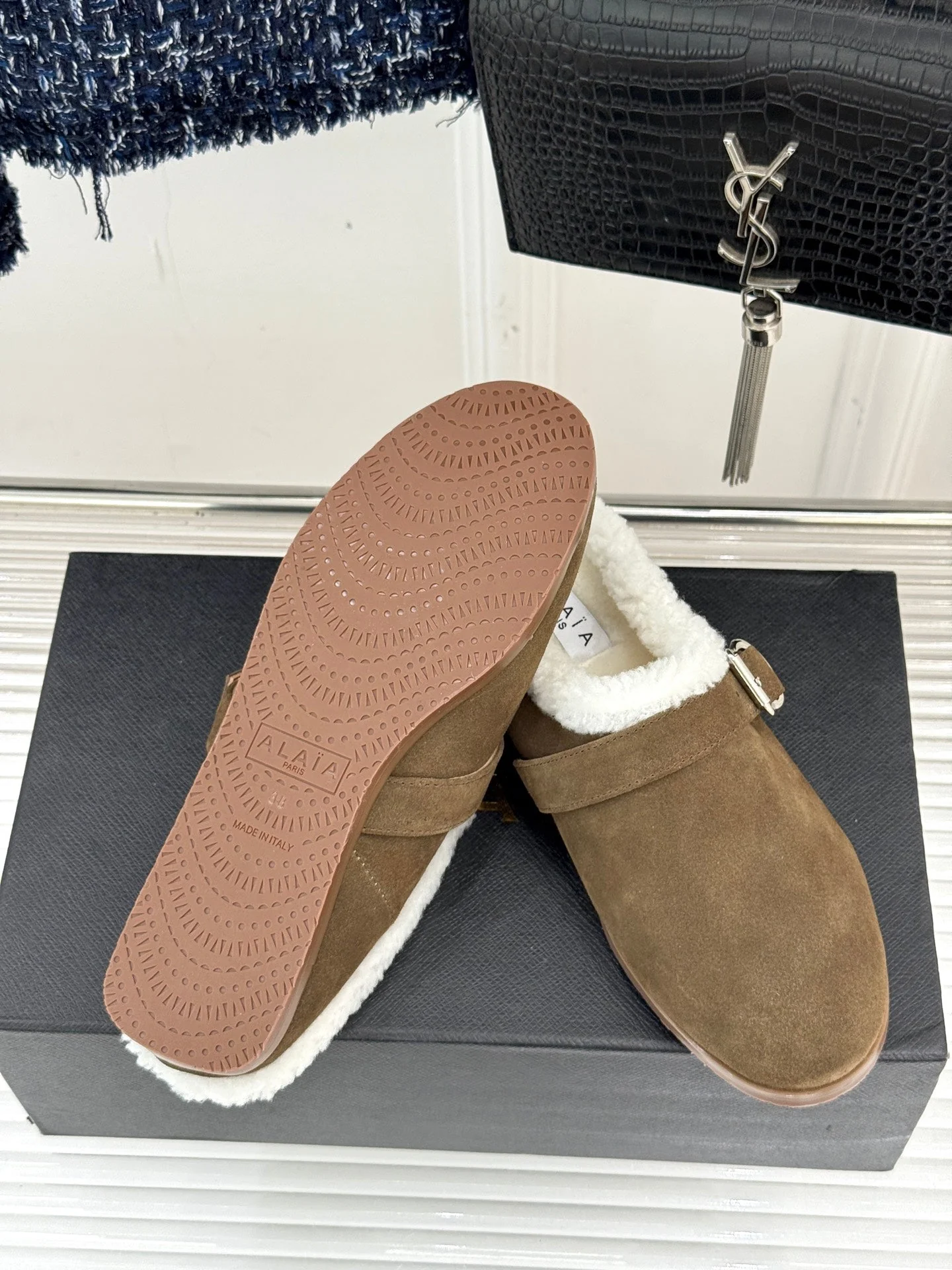 Alaia 25WF slippers belt buckle khaki brown suede wool 472227 - Image 2