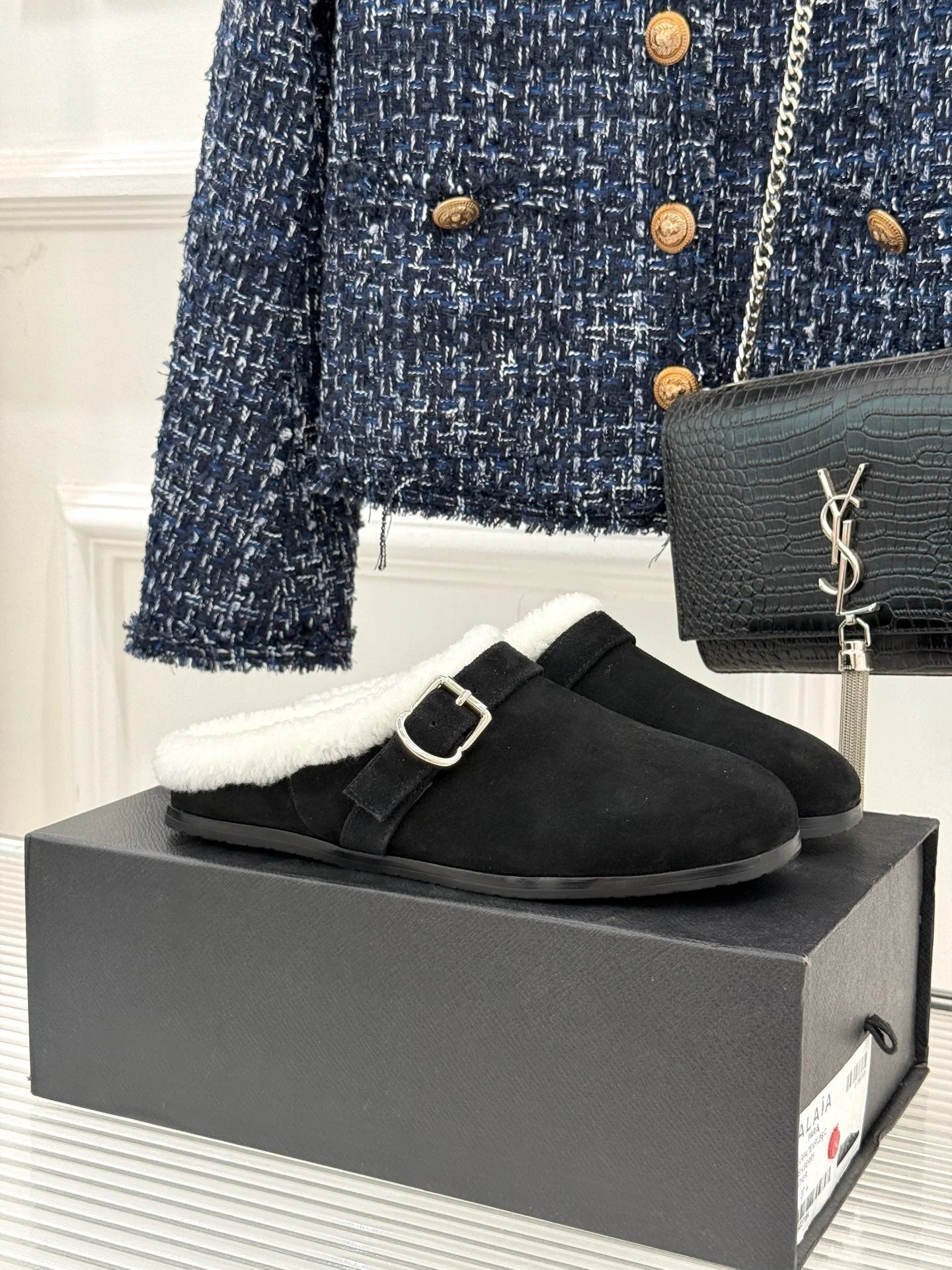 Alaia 25WF slippers belt buckle black suede wool 472226 - Image 9