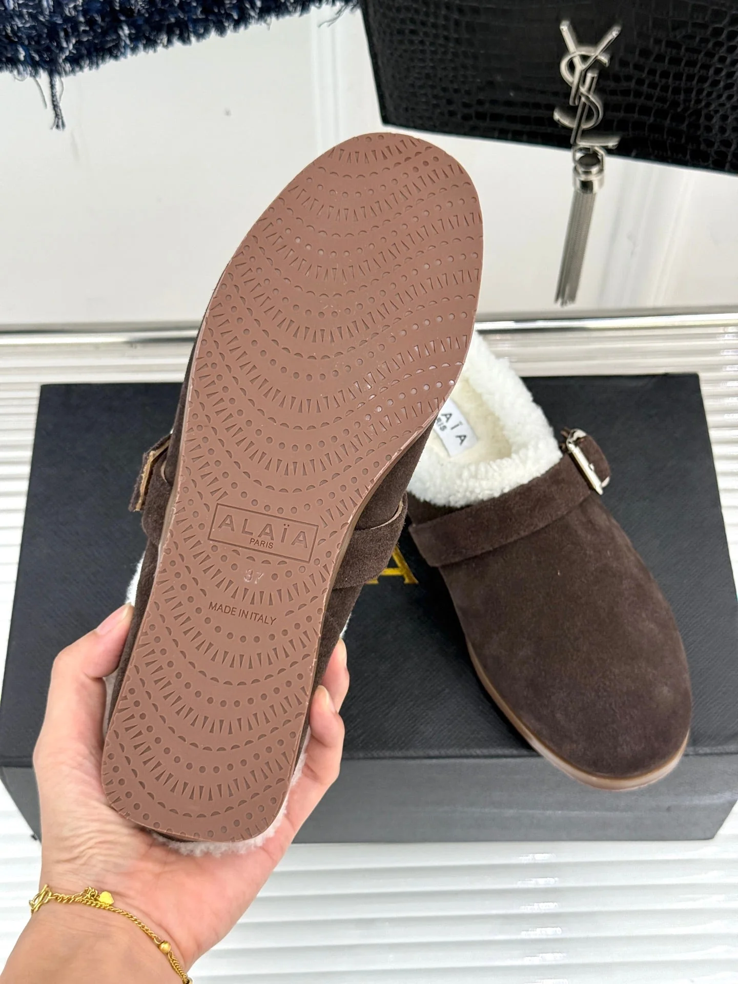 Alaia 25WF slippers belt buckle chocolate brown suede wool 472231 - Image 8