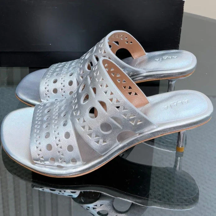 Alaia Vienne Cutout Kitten-Heel Slide Sandals Silver Sheepskin 299664