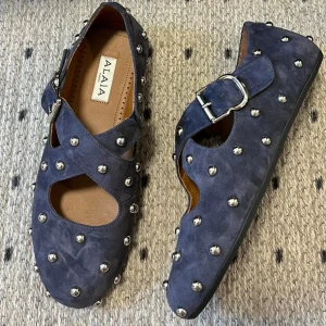 Alaia 25 Criss Cross With Stud Ballet Flats Azure Blue Suede Sheepskin 303691